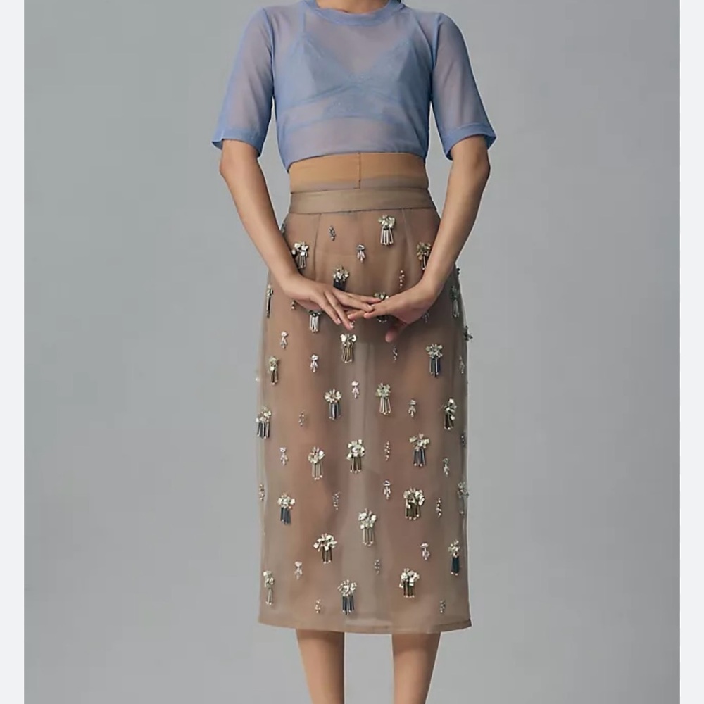 NWT Geisha Designs for Anthropologie Embellished beaded nude Midi Skirt
